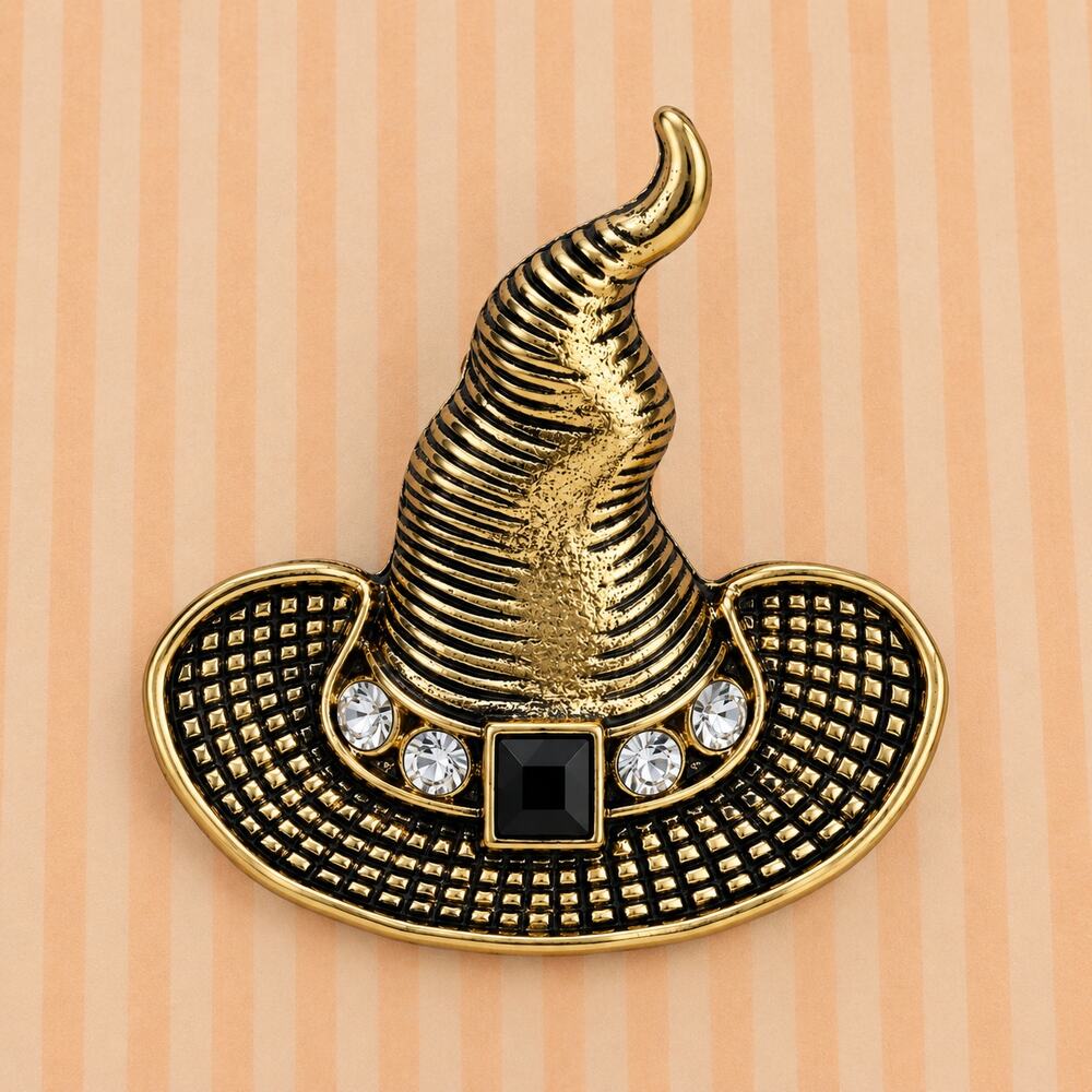 Witch Hat Brooch Pin Gold Tone Black Rhinestone Halloween Jewelry Costume CP182